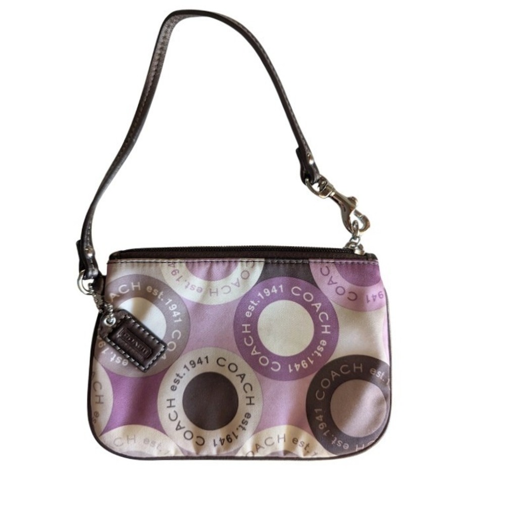 Coach Purple Brown Op Art Circle Logo‎ Sateen Leather Trim Wristlet Pouch Bag